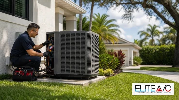 Technician inspecting an outdoor condenser beside a landscaped home